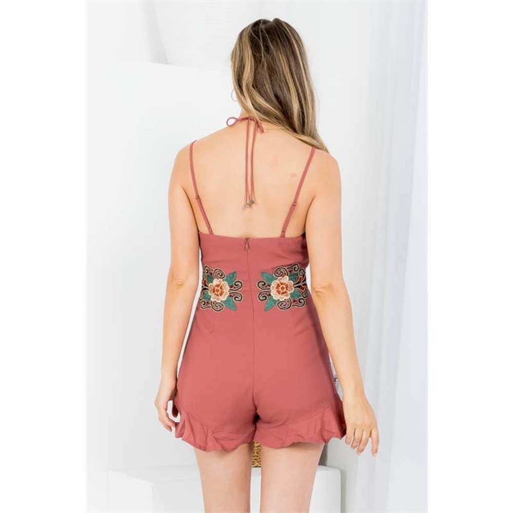 Rose Boho Embroidered Romper Ruffle Hem Romper - Picture 6 of 7